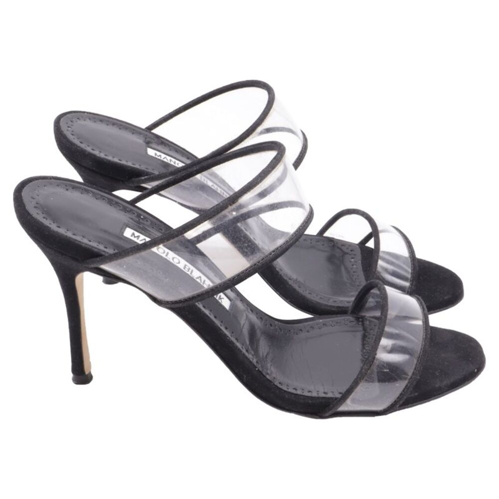 Manolo Blahnik PVC Strap Heeled Mules in Black Suede